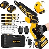 JEXUGK Brushless Mini Chainsaw, 8" & 6" Hand Held Cordless Chain Saw with 2 x 4.0Ah Battery, Portable Small Electric saw Cordless with 4 Chain Guide, Mini Motosierra for Tree Pruning Wood Cutting