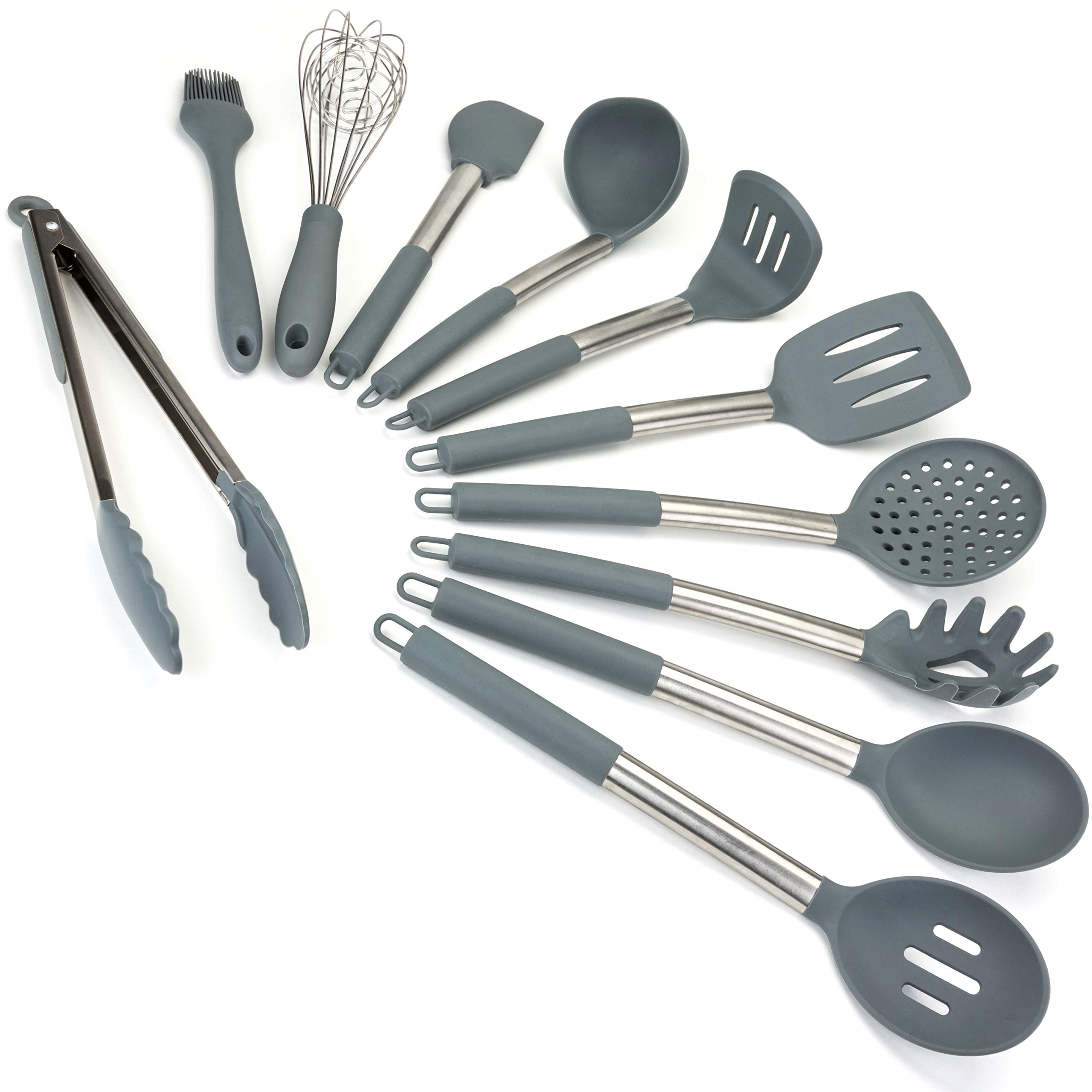 Lantana Premium 11pc Silicone Kitchen Utensil Set for Cooking and Baking in Sleek Grey and Brushed Stainless Steel. Includes; Tongs, Whisk, Spatula, Ladle, Potato Masher and More.