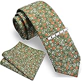 GUSLESON Fashion 2.4"（6cm） Cotton Floral Printed Necktie Tie Clip and Pocket Square Sets + Gift Box