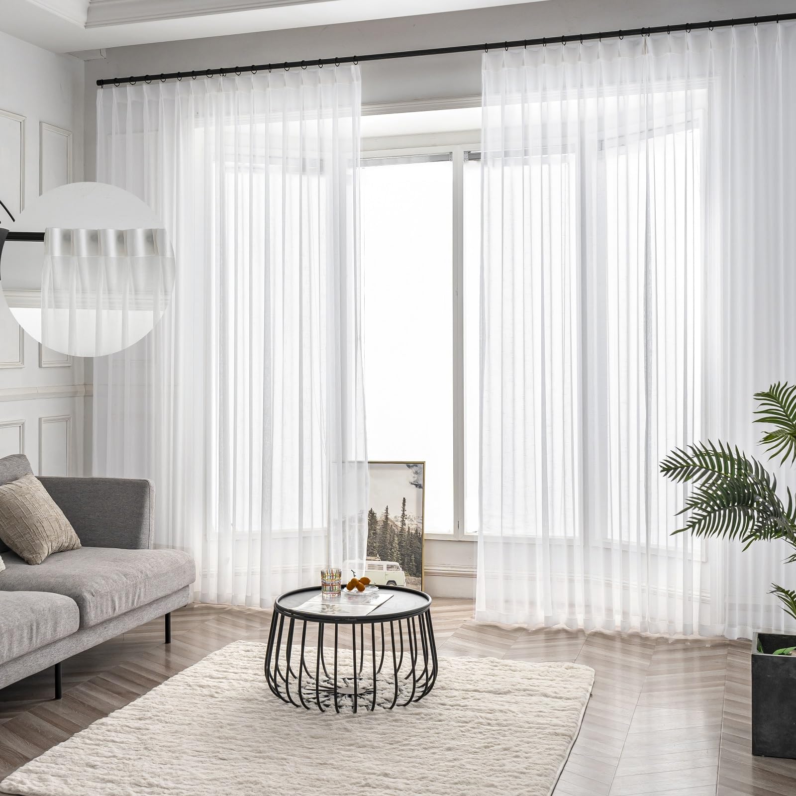 Photo 1 of Ftinala Off White Pinch Pleated Sheer Curtains 96 Inches Long 2 Panels, Thin Textured Linen Look Living Room Drapes Window Decor, Ivory Sliding Glass Door Curtain with Rings & Hooks & Back Tab