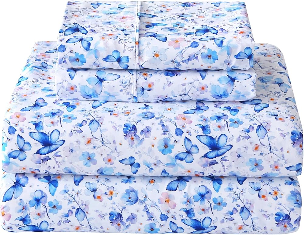 Softan Full Floral Sheets, Microfiber Blue Flower Printed Fitted Sheets with Non-Slip Straps and 15" Deep Pocket, Butterfly P
