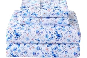 Softan King Floral Sheets, Microfiber Blue Flower Printed Fitted Sheets with Non-Slip Straps and 15" Deep Pocket, Butterfly P