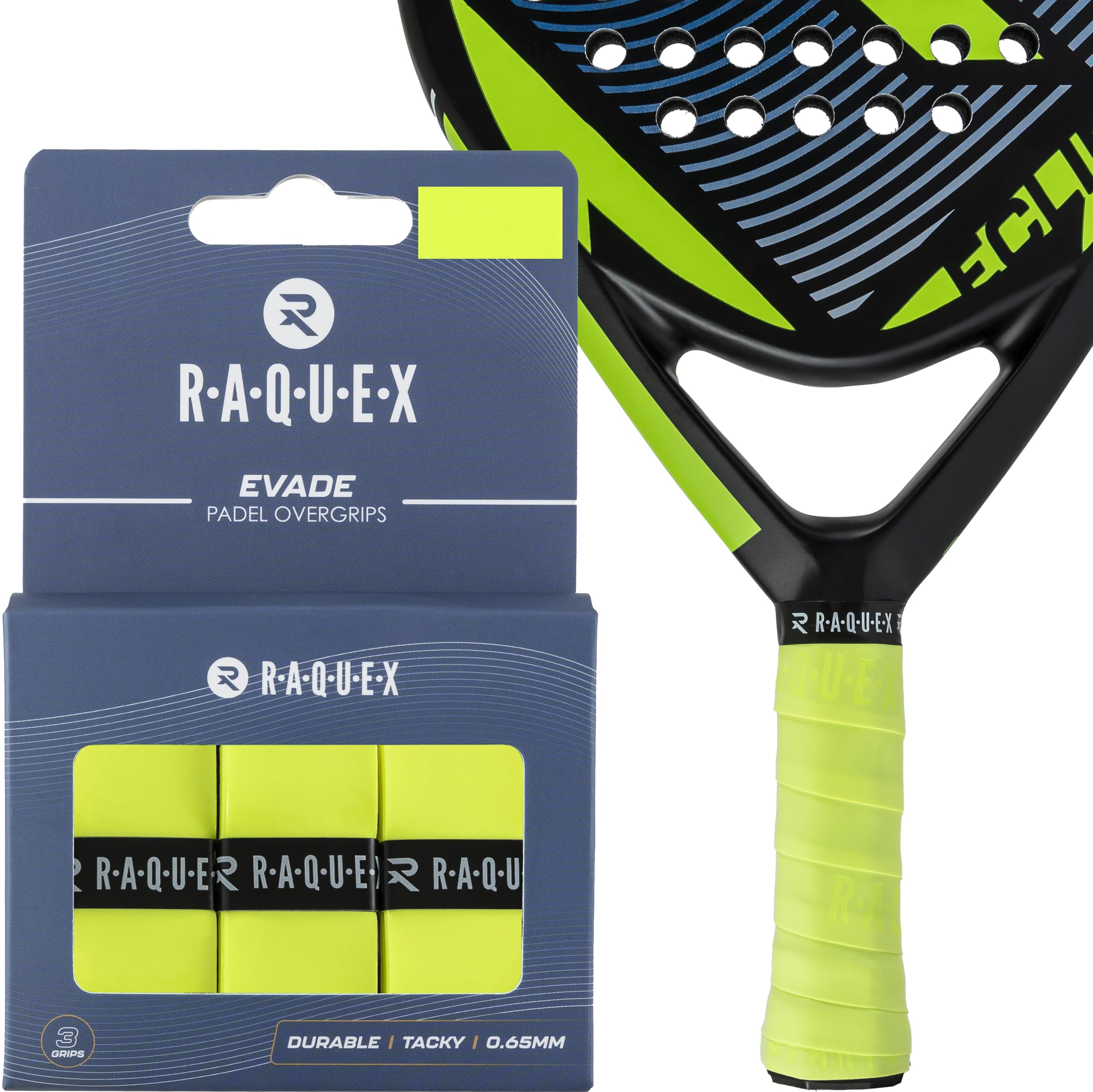 Raquex Evade Padel Racket Overgrip – 10 Colours - 3 Pack Padel Ball or Pickleball Racquet Tape, 0.65mm Thickness – Absorbent, Slightly Tacky Anti Slip Over Grip (Yellow)