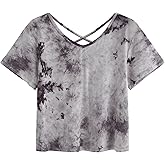 SweatyRocks Women's Tie Dye Criss Cross Back Short Sleeve Crop Summer T Shirt