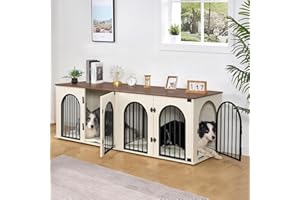 Hzuaneri 71" Dog Crate Furniture for 2 Dogs, Heavy Duty Indoor Dog Kennel TV Stand, XL Wooden Dog Cage with Divider for Medium Large Dogs, End Table Dog Crate with Cushion, White Brown DFC81914B