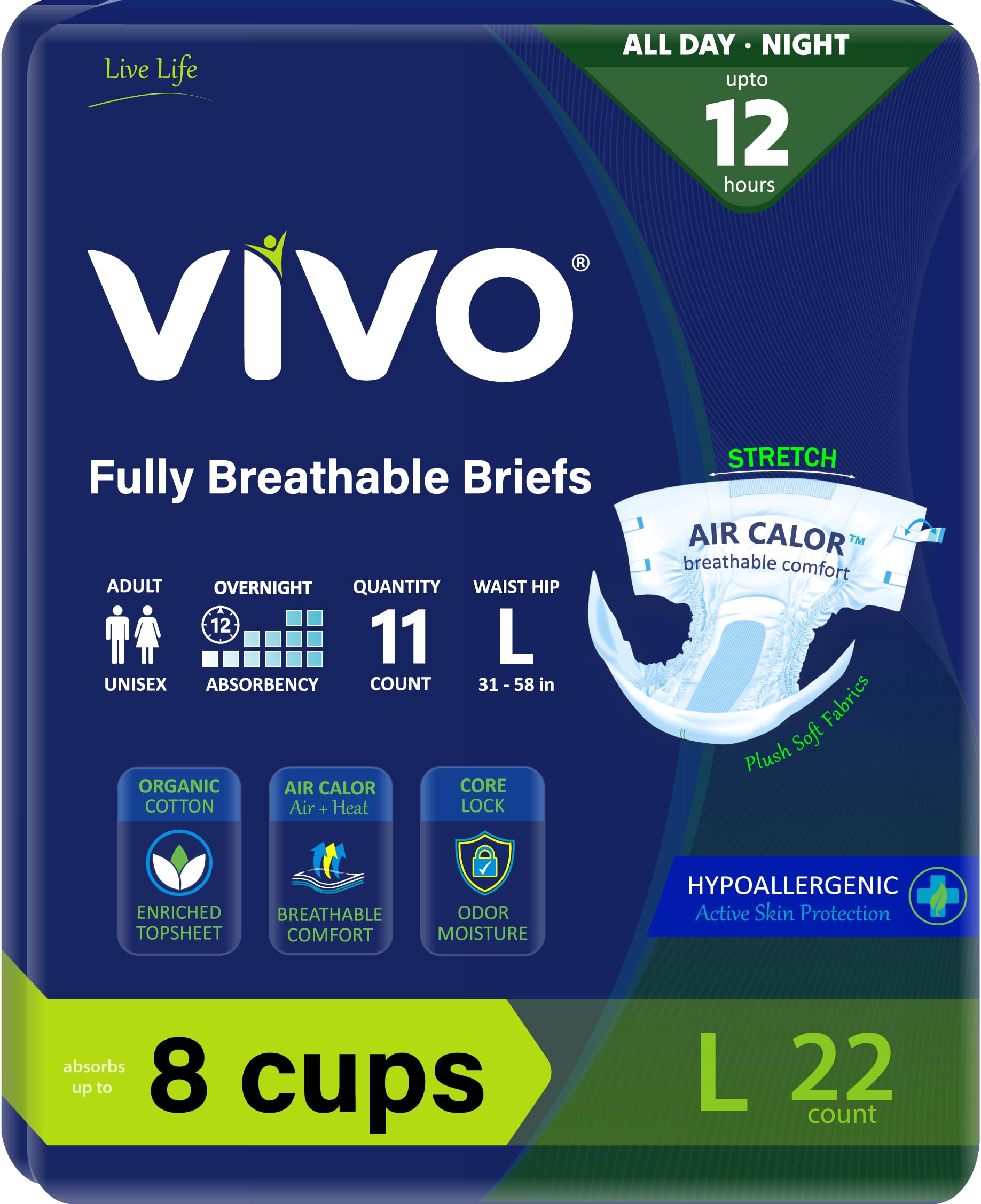 Photo 1 of VIVO Organic Cotton Overnight Sensitive Skin Adult Incontinence Diaper Briefs with Tabs, Large 22 Count