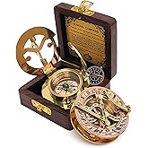 Hanzla Collection Polished Brass Sundial Compass, Sundial Clock in Wooden Box Gift Sun Clock Ship Replica Watch, Ship Decorations