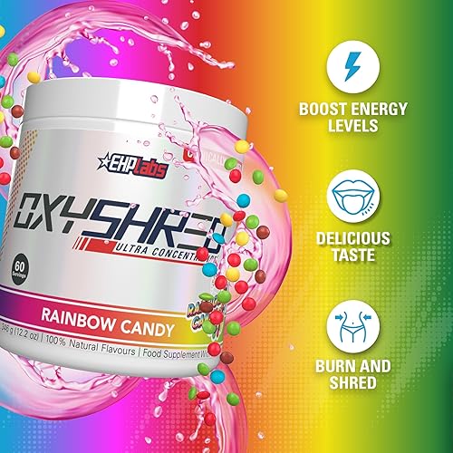 EHP Labs OxyShred Pre Workout Powder - Preworkout Powder with L Glutamine & Acetyl  L Carnitine, Energy Boost Drink - Rainbow Candy, 60 Servings in Dubai - UAE 
