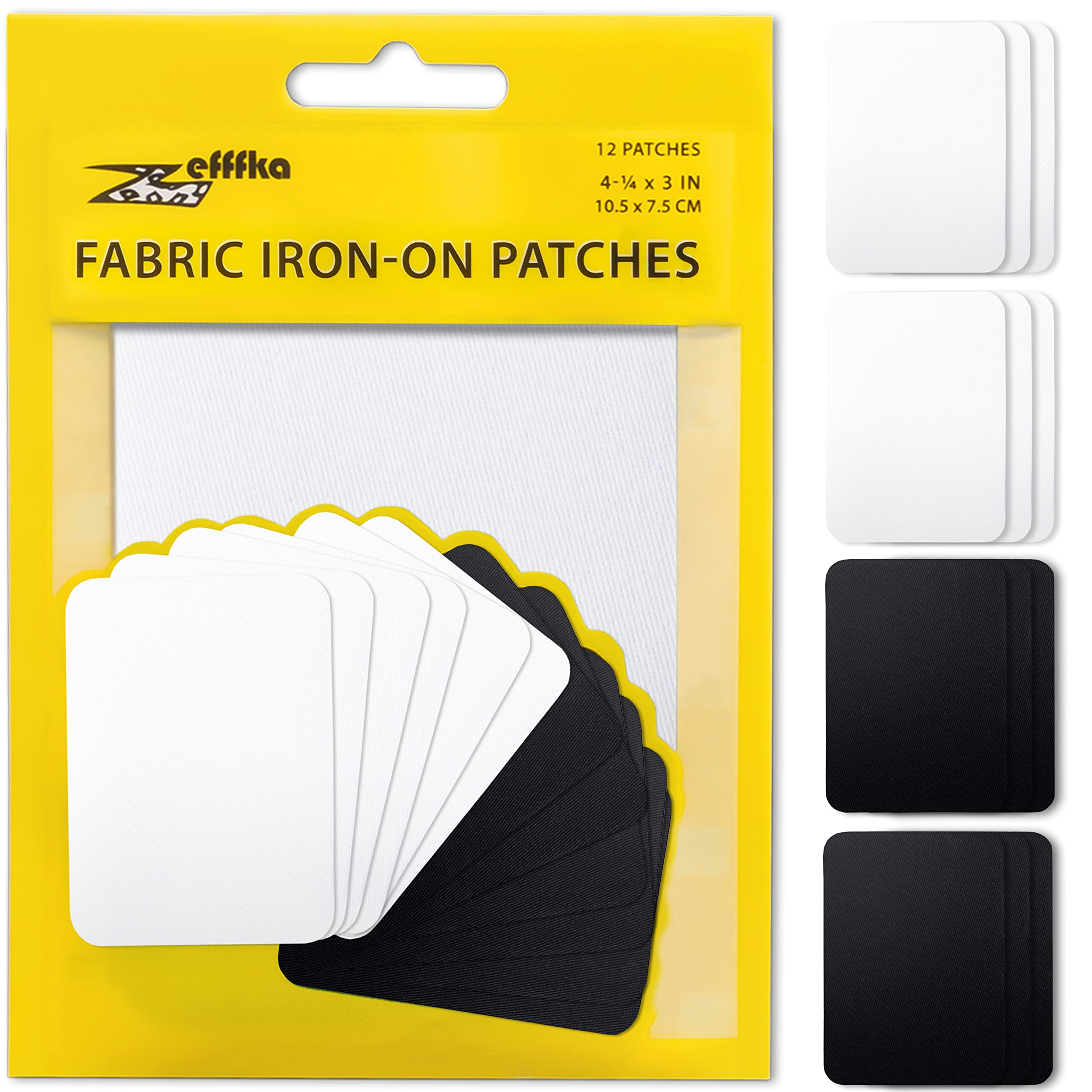 ZEFFFKA Fabric Iron-on Patches Inside & Outside Strongest Glue 100% Cotton Black and White Repair Decorating Kit 12 Pieces Size 3" by 4-1/4" (7.5 cm x 10.5 cm)