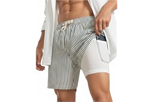 Yufawow 2 in 1 Seersucker Men Swim Trunk with Compression Liner 7 Inches Quick Dry Zipper Pockets for Cruise Beach Pool Board