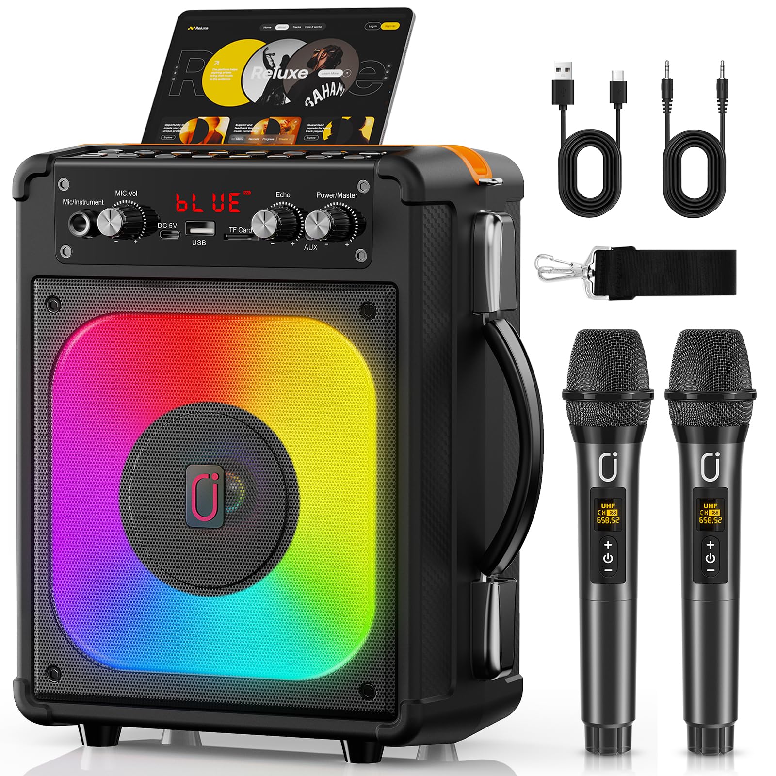 HWWR Karaoke Machine, Portable Bluetooth Speaker with 2 Wireless Microphones for Adults & Kids,Karaoke Speaker for Parties and Gatherings, PA System Supports TWS/USB/TF/REC/AUX and TV Connected Image