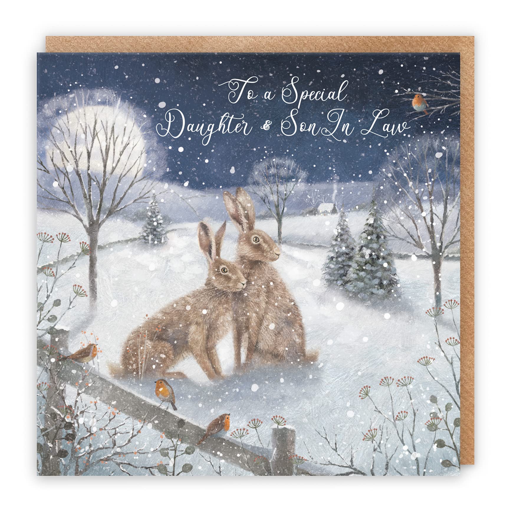 Hunts England - Daughter And Son-in-Law Christmas Card - 'Snowy Hares' - To A Special Daughter & Son-in-Law - Milo's Gallery Collection - Christmas Wording Inside