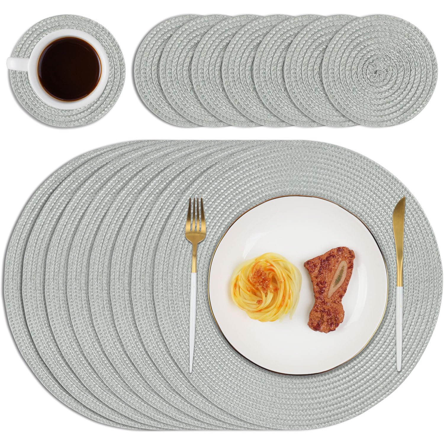 Homcomodar Round Table Placemats and Coasters Set of 8 Heat Resistant Round Woven Table Place Mats for Dining/Kitchen Table (Grey)