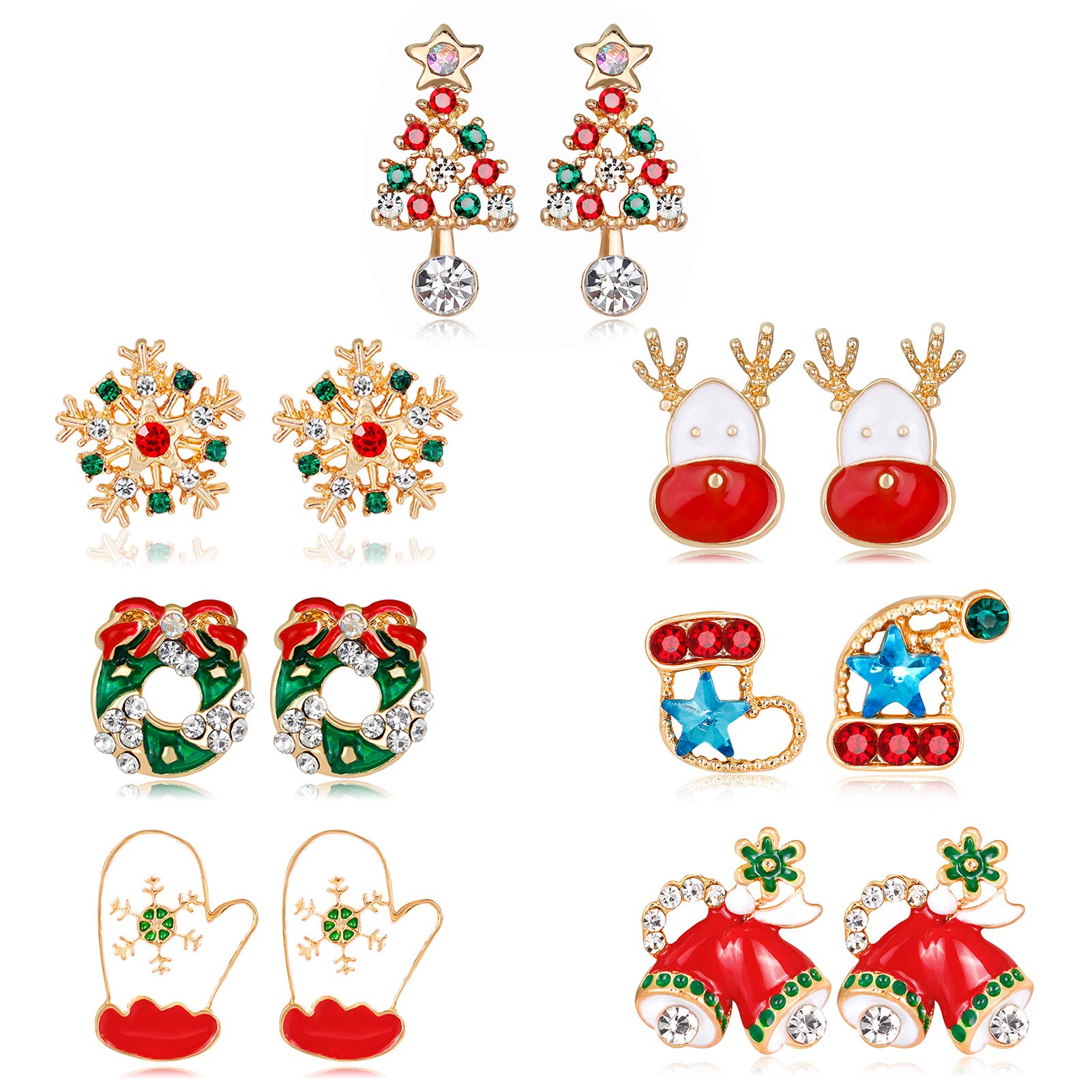 HOWAF 7 Pairs Christmas Earrings for Women Girls, Xmas Earrings Studs for Women Girls Christmas Jewellery Gift, Snowflake Reindeer Christmas Tree Bell Santa Hat Wreath Glove Sock Earrings