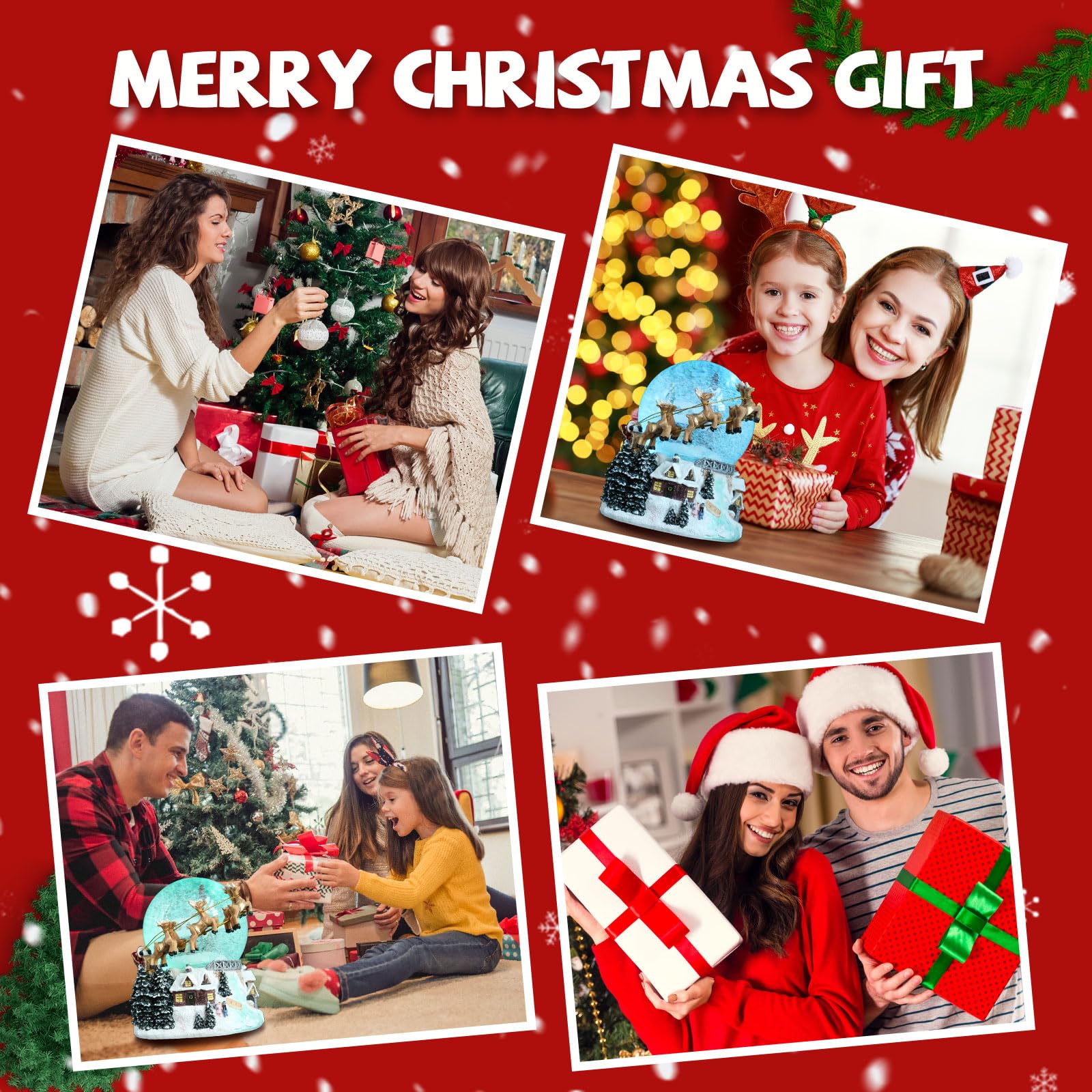 Aobaks Christmas Snow Globe with Led Light and Musical Holiday Decoration Gift, 7 Inch Height Santa Sleigh Reindeer Resin Snow Globe, Christmas Holiday Indoor Decor.