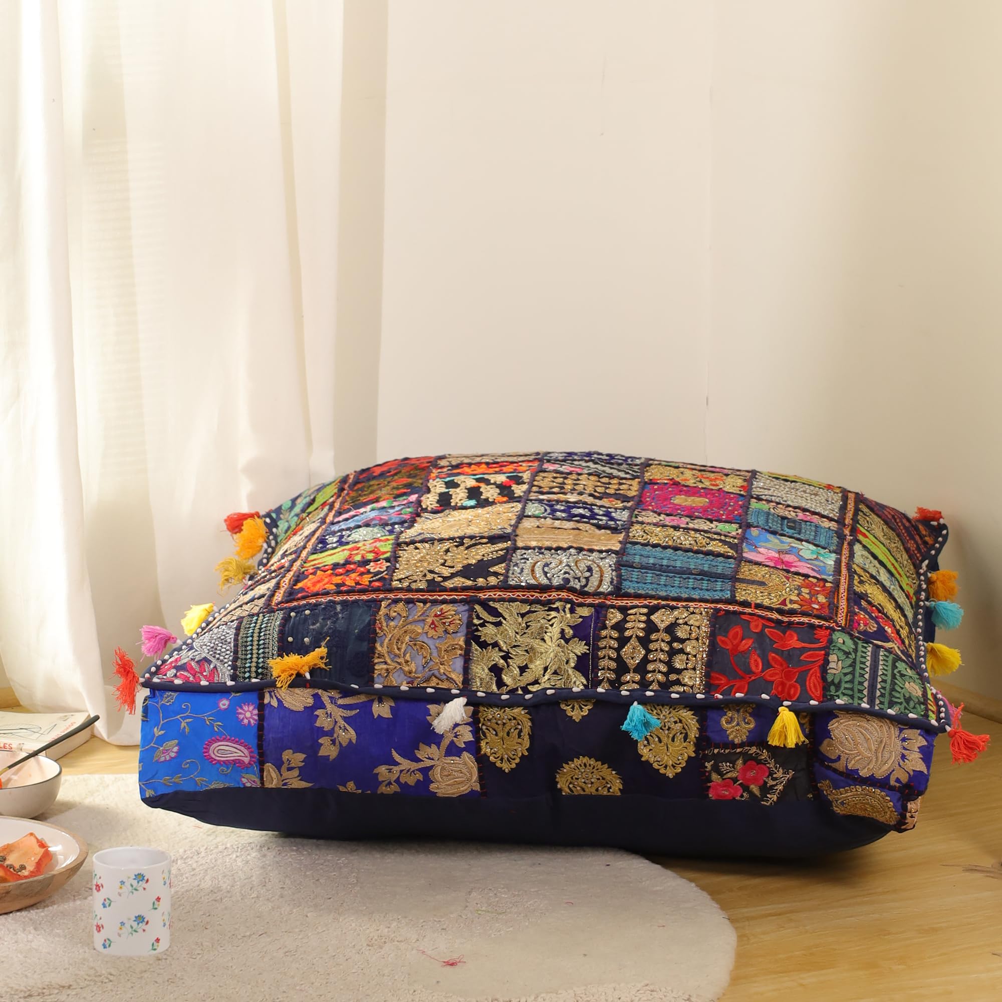 THE ART BOX 88x88x12 Cms Vintage Patchwork Large Outdoor Cushions Large Dog Bed Garden Decor Floor Seat Pillow Boho Decor Cushion (Cover Only)