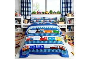 Cartoon Train Comforter Set Full Size for Kids Boys,City Road Train Tracks Quilt Set Colorful Transport Vehicles Bedding Set 