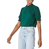 Amazon Essentials Women's Fluid Twill Short Puff Sleeve Smock Detail Shirt