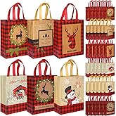 Sweetude 60 Pcs Reusable Christmas Tote Bags Bulk 12.6 x 9.8 x 4.3 Inch Red Black Checkered Gift Bags with Handles Non Woven Fawn Snowman Snowflakes for Xmas New Year's Shopping Holiday Party Supplies
