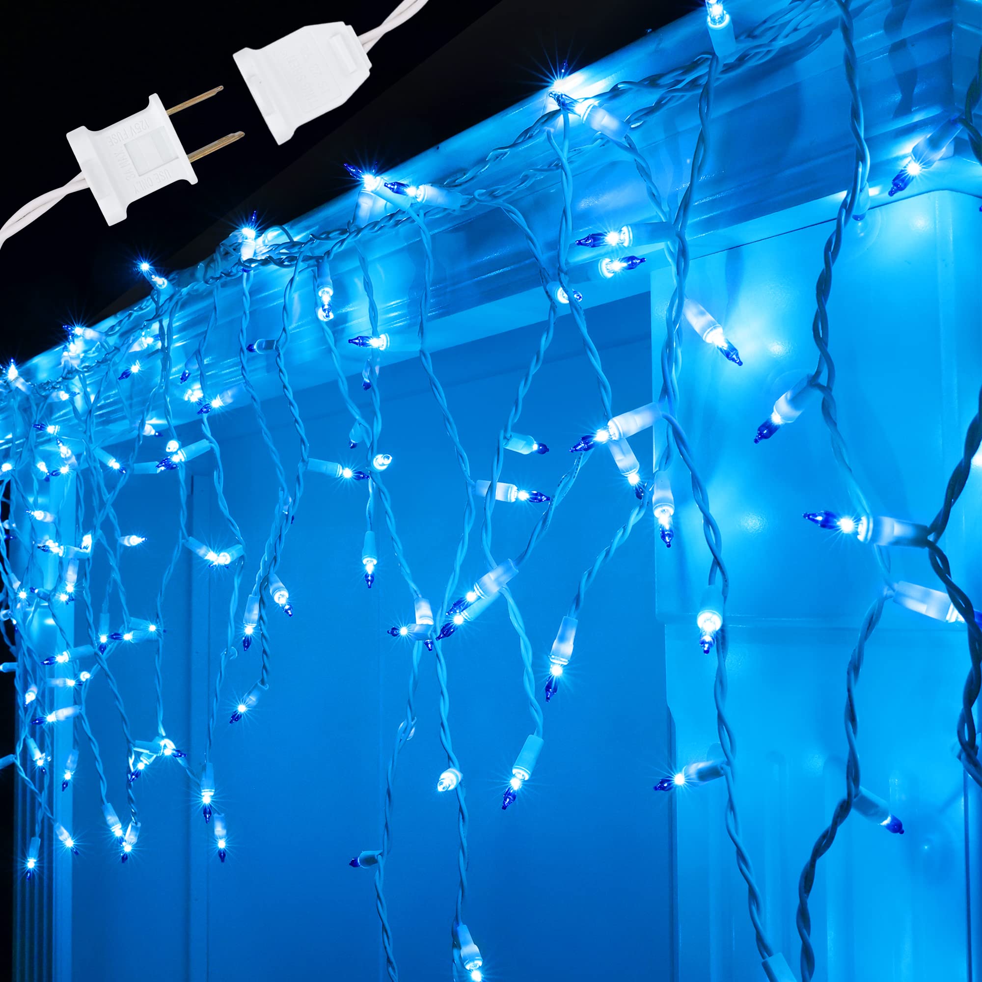 Photo 1 of Brizled Blue Icicle Lights, 17.34ft 300 Count Traditional Christmas String Lights, 120V UL Certified White Wire, Connectable Indoor Outdoor for Xmas Wedding Home