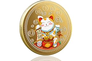LZWIN 1.57-inch Gold Plated Lucky Coin with Transparent Protective Case, Featuring a Wealth-Attracting Cat, Fish, Gold Ingots, and Auspicious Chinese Symbols for Prosperity and Good Fortune