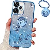 MRRSIWEI for Xiaomi Redmi 13 4G / Redmi Note 13R 5G / Poco M6 4G Case for Women Girls, Luxury Plating Bling Glitter Sparkle Flowers Shockproof Case with Ring Stand for Xiaomi Redmi 13 4G.Flowers Blue