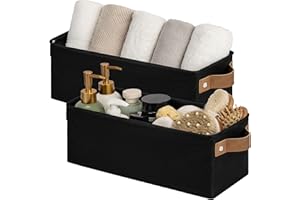 StorageWorks Narrow Storage Bins, Small Basket for Closet and Shelves, Fabric Organizer with Handles, Toilet Paper Storage, Black, 2-Pack