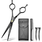 ULG 6.5" Black Premium Hair Scissors, Professional Hair Cutting Scissors | Japanese Stainless Hair Shears with Comb, Leather Case and Clips, Salon-Quality Scissors for Barbers &amp; Home Use