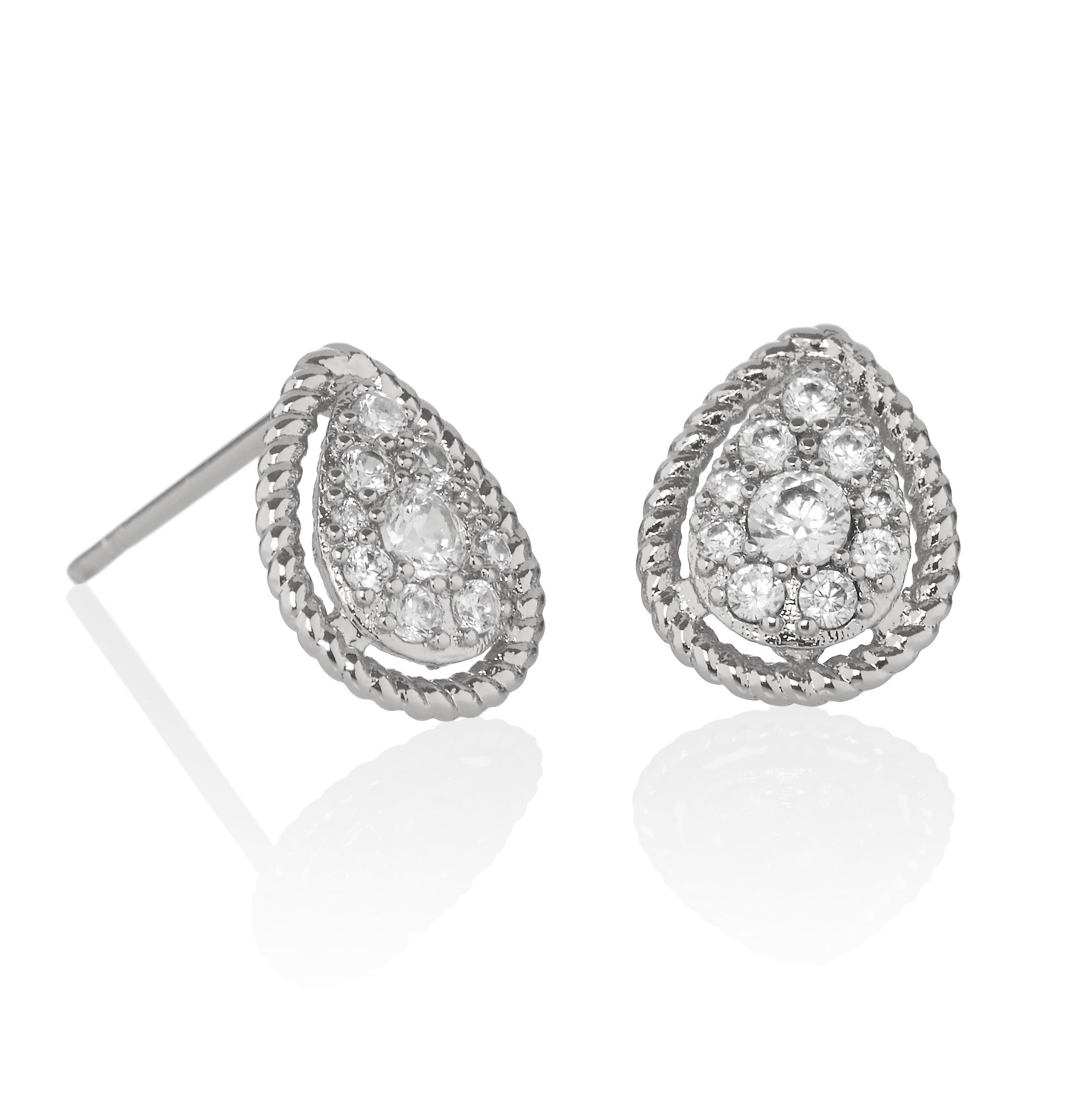 Namana Teardrop Earrings. 18 Carat Rose Gold Plated or Fine Silver Colour CZ Gemstone Studs. Pear Shaped Pierced Earrings with Gift Box. (Silver, Rhodium Plated Base Metal)