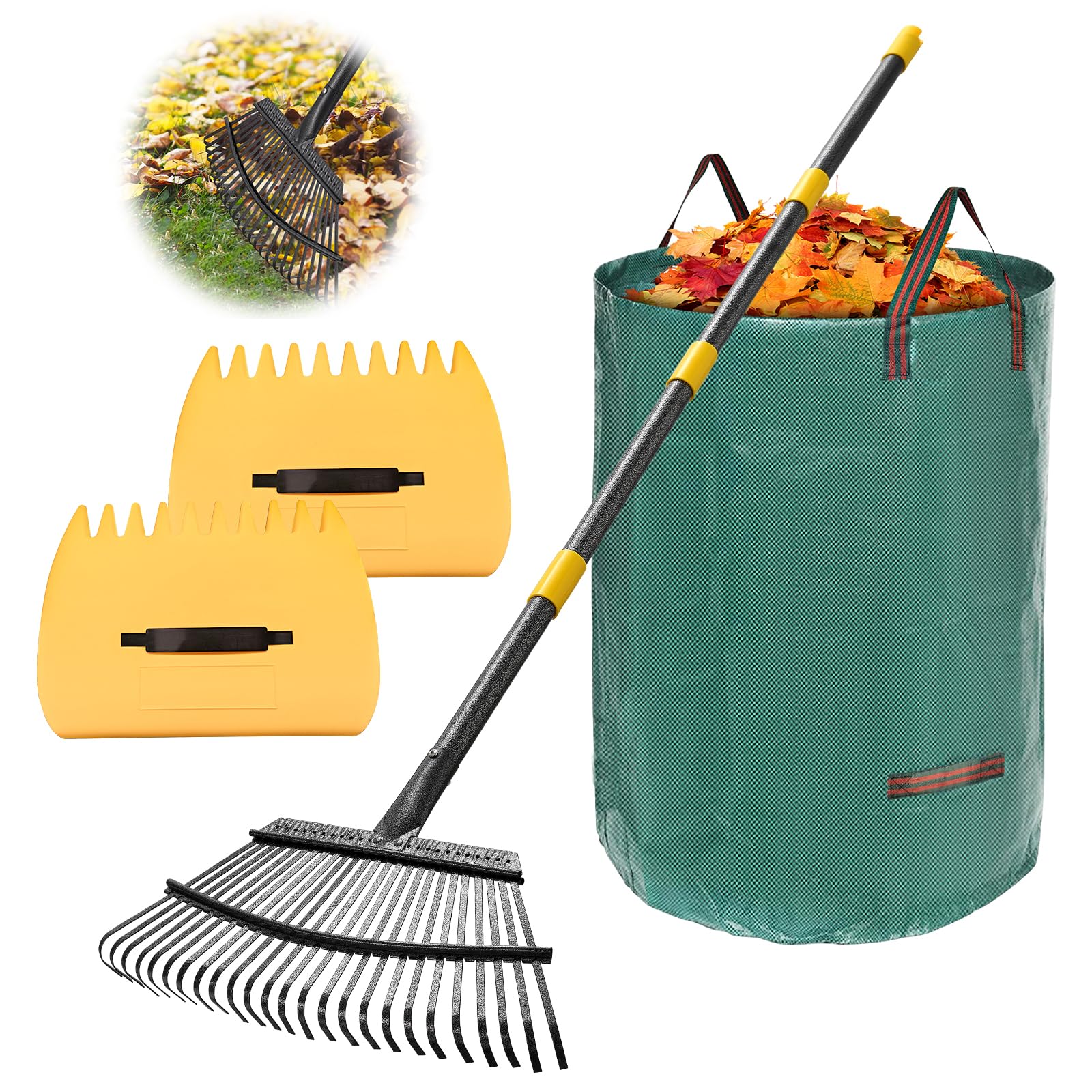 Photo 1 of Rake for Leaves: Large 18" Wide Metal Leaf Rake, 65” Long Handle,25 Tines,Heavy Duty Graden Rakes Set for Lawn Yard Pine Needles Mulch Thatch Debris Cleanup Set with 32Gallon Leaf Bags and Scoops