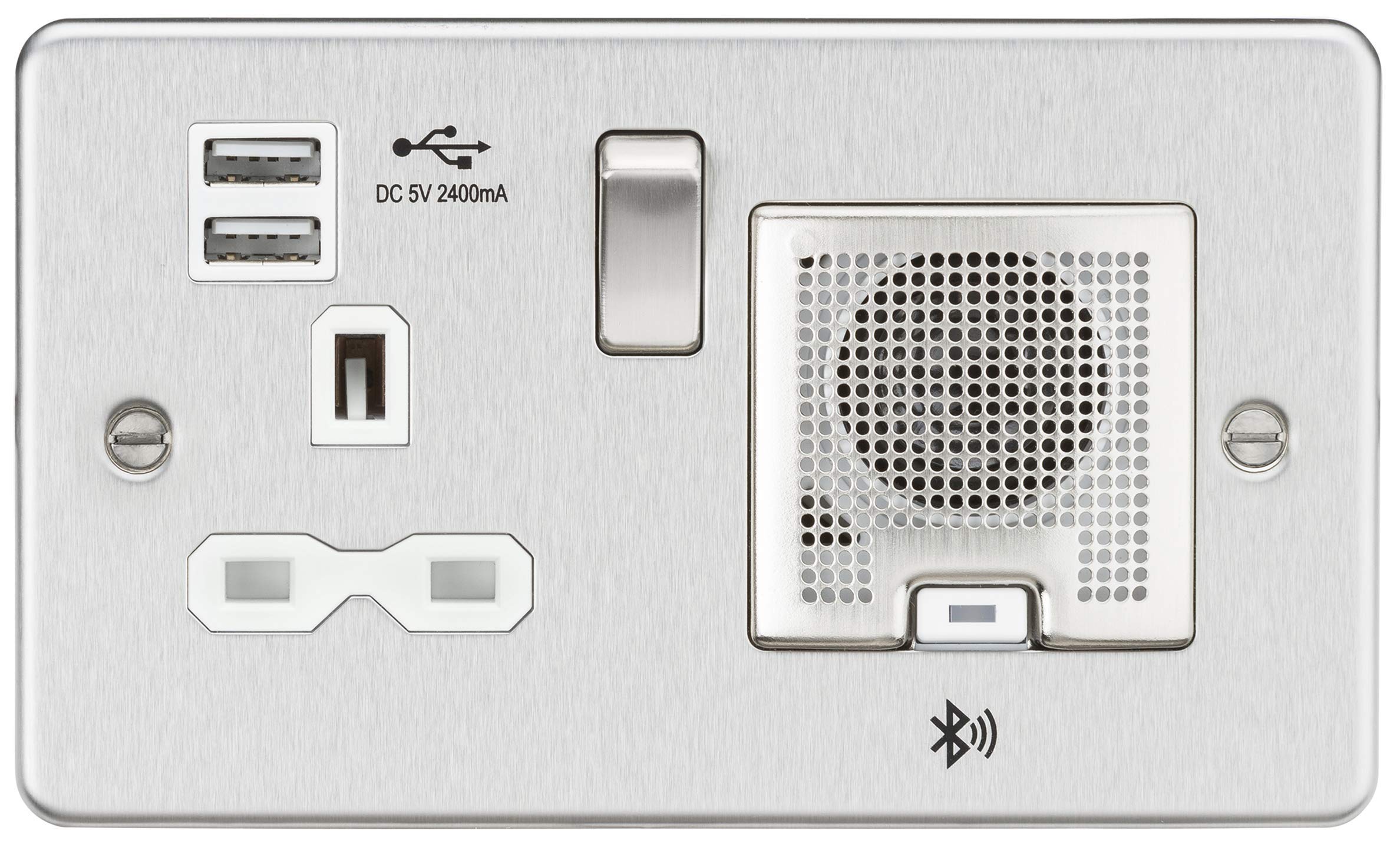 Flat Plate 13A Socket, USB Chargers (2.4A) and Bluetooth Speaker - Brushed Chrome with White Insert