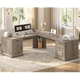 SEDETA 69" Farmhouse L Shaped Corner Desk with Drawers for Home Office | Corner Computer Desk with Storage Cabinet, File Drawer and Power Outlet, L Executive Desk with Storage for Home Office, Grey