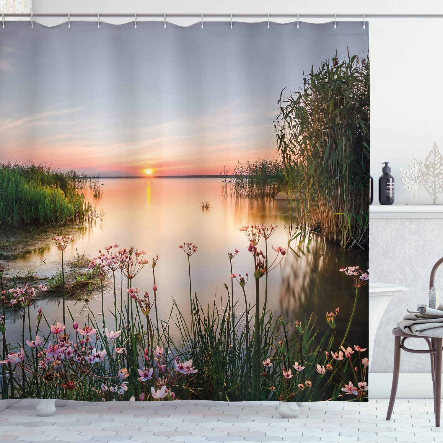 ABAKUHAUS Nature Shower Curtain, Sunset at Chudskoy Lake Estonia View Spring Flowers Landscape Photo, Cloth Fabric Bathroom Decor Set with Hooks, 86 Inches Extra Long, Baby Blue Pale Pink