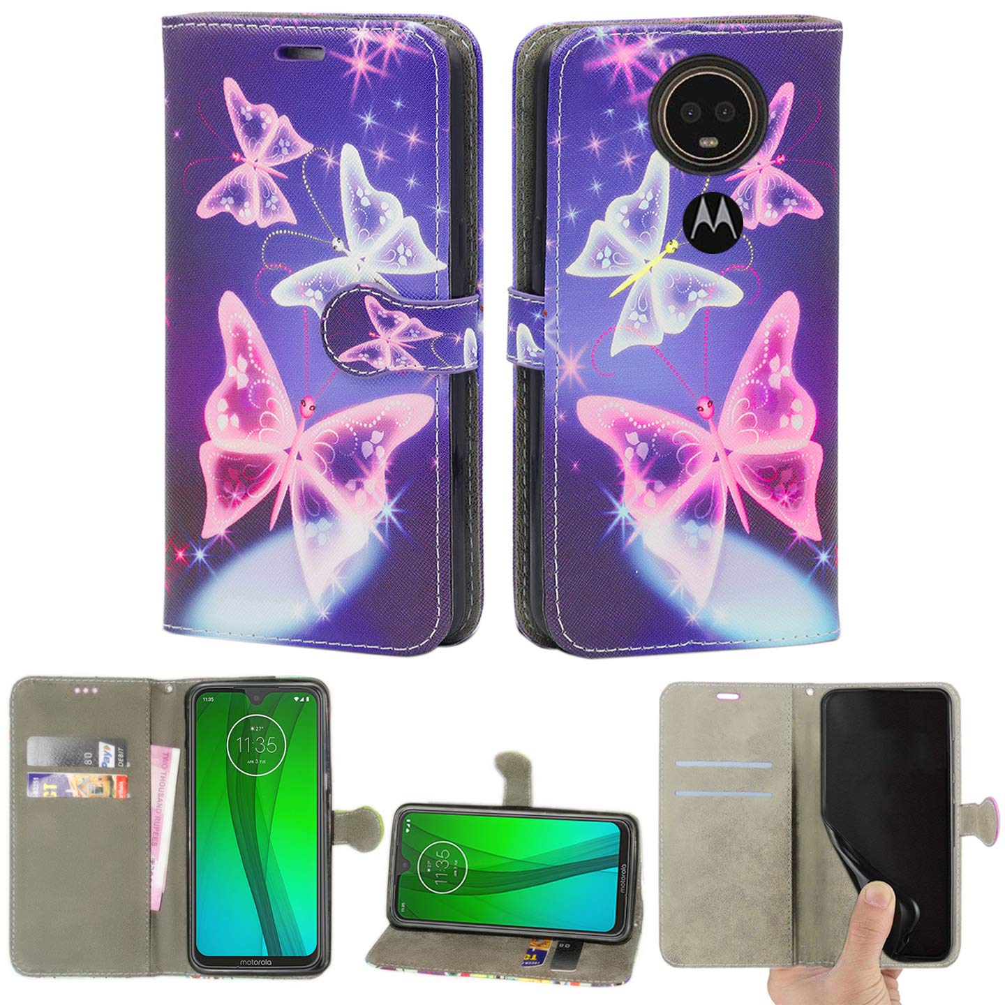 Mobile Stuff Motorola Moto G7 Power Case, Leather Wallet with Flip Cover, Credit Card Pockets and Stand Compatible For Moto G7 Powe (6.2") (Butterfly Blue) — image 1