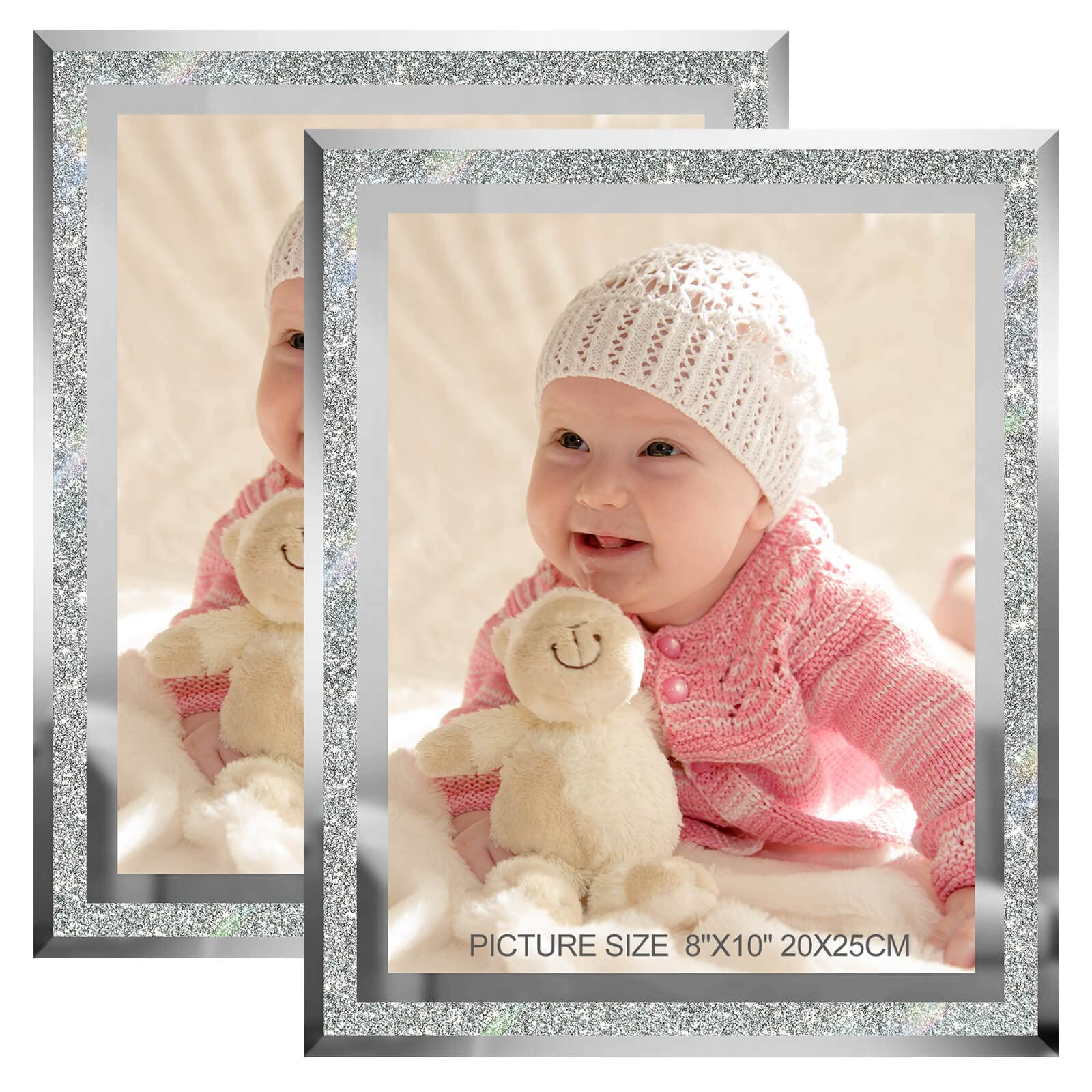 Photo 1 of HIKWADERY 8x10 Picture Frames Silver - Set of 2, Sparkle Real Glass 8 by 10 Photo Frame Mirrored Edge Great Gift, for Tabletop Display, Wedding Birthday Christmas Day Gifts (8 x 10, Glitter Silver)