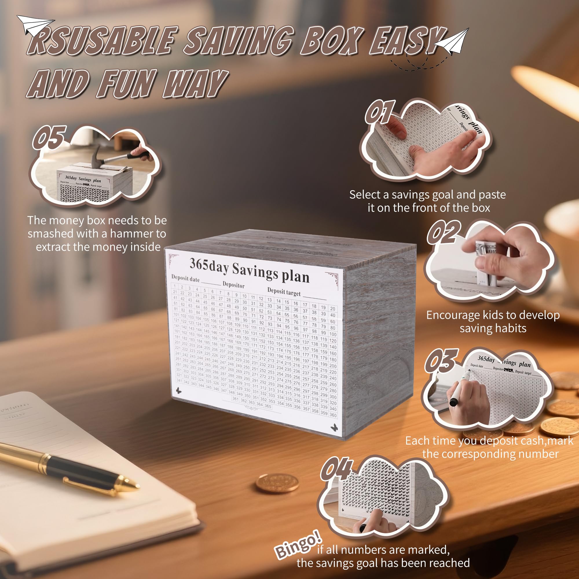 Piggy Bank for Kids and Adults, Wooden Money Saving Box for Cash, Unbreakable Piggy Bank for $10000 $5000 $3000 $1000 $800 $500 Target Money Saving Challenge.(Gray)
