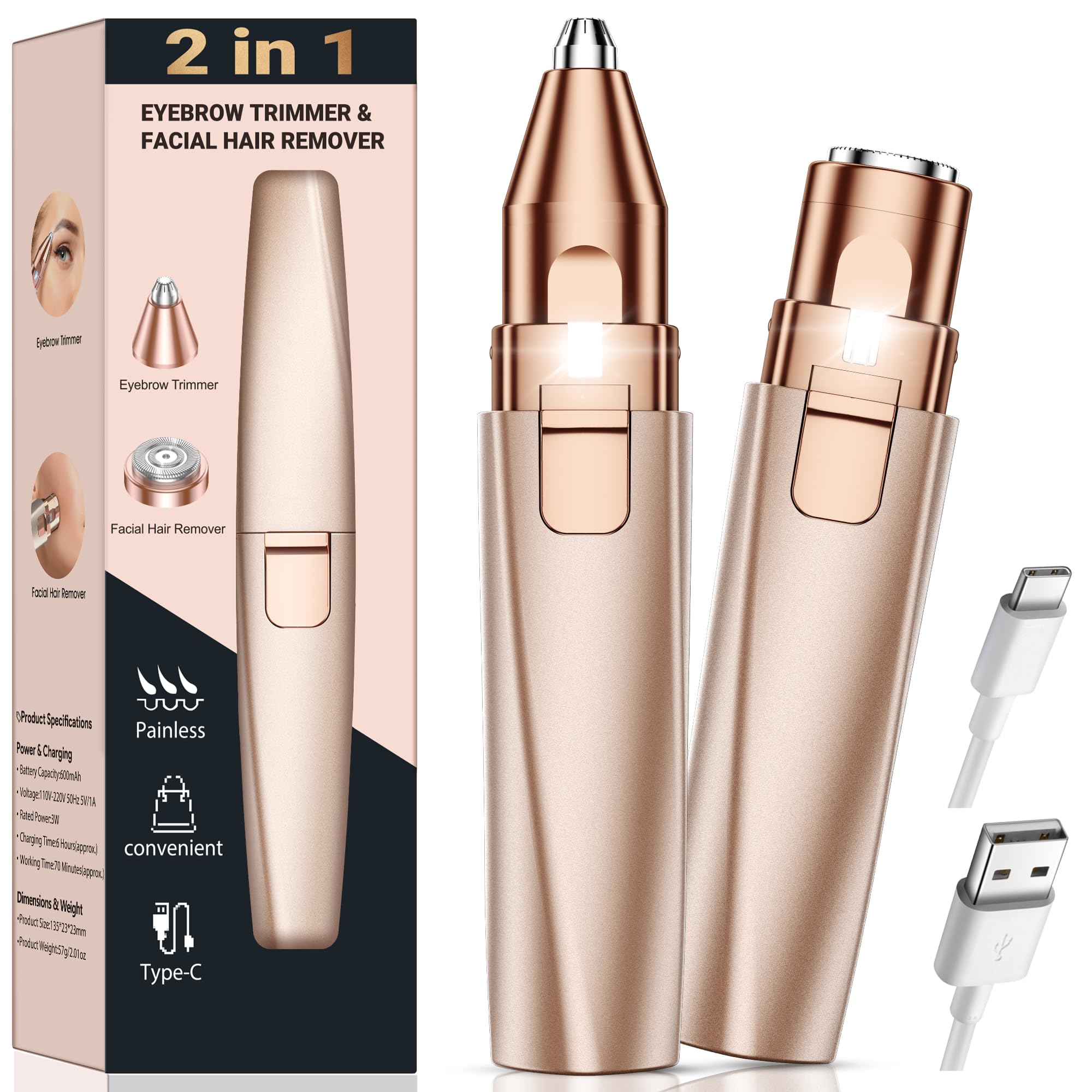 Photo 1 of Eyebrow Trimmer Facial Hair Removal for Women: 2 in 1 Rechargeable Face Shaver and Eyebrow Razor - Painless Electric Hair Remover Device for Peach Fuzz Fine Hairs Upper Lip Chin
