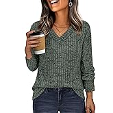 IWD Womens V Neck Long Sleeve Shirt Fall Fashion Knitted Sweaters Dressy Casual Pullover Tunic Tops with Decorative Buttons