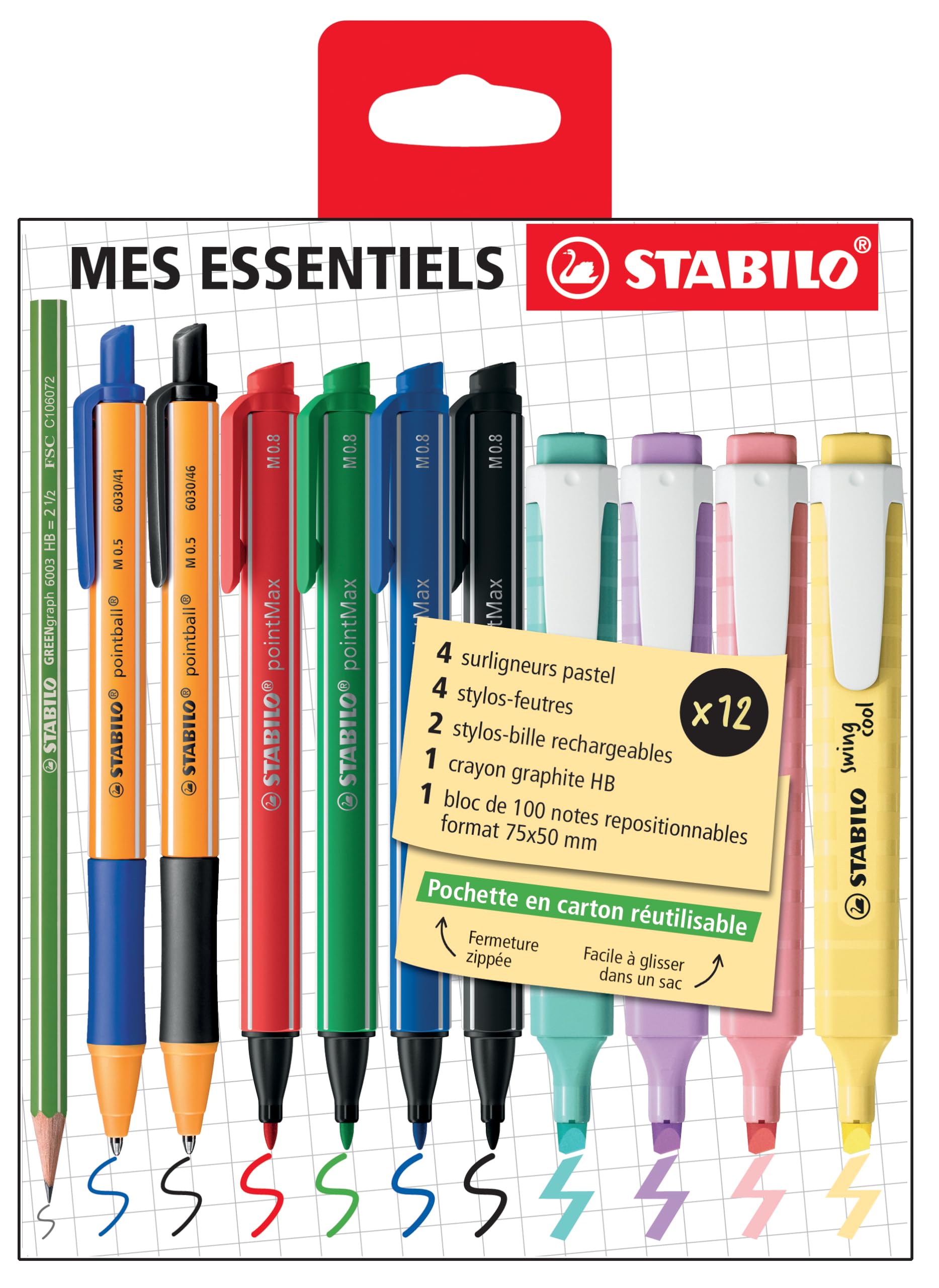 STABILO My Essentials Pen Set - swing cool Pastel, pointMax, pointball, GREENgraph and Notepad - Pack of 12 - Assorted Colours