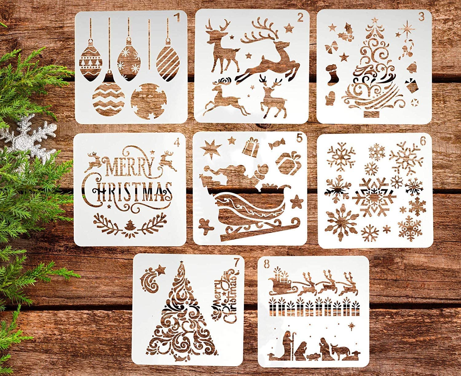 BTORER 8 inch Christmas Stencils 8Pcs Xmas Template Plastic Craft Stencils for Painting Wood, Spraying Door Window, Journal Scrapbook Cards Making, DIY Xmas Decoration