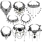 Paidiem 8 Pieces Lace Choker Necklace, Elegant Gothic Lace Choker, Black Halloween Sexy Retro Gothic Punk Style Neck Chain Collar Statement for Women Lady Victorian Wedding Party Cosplay