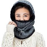 Women Winter Beanie Hats One-Piece Fleece Lined Knit Balaclavas Mask Set Skull Neck Circle Scarf Ski Snow Hat Cap with Pompom