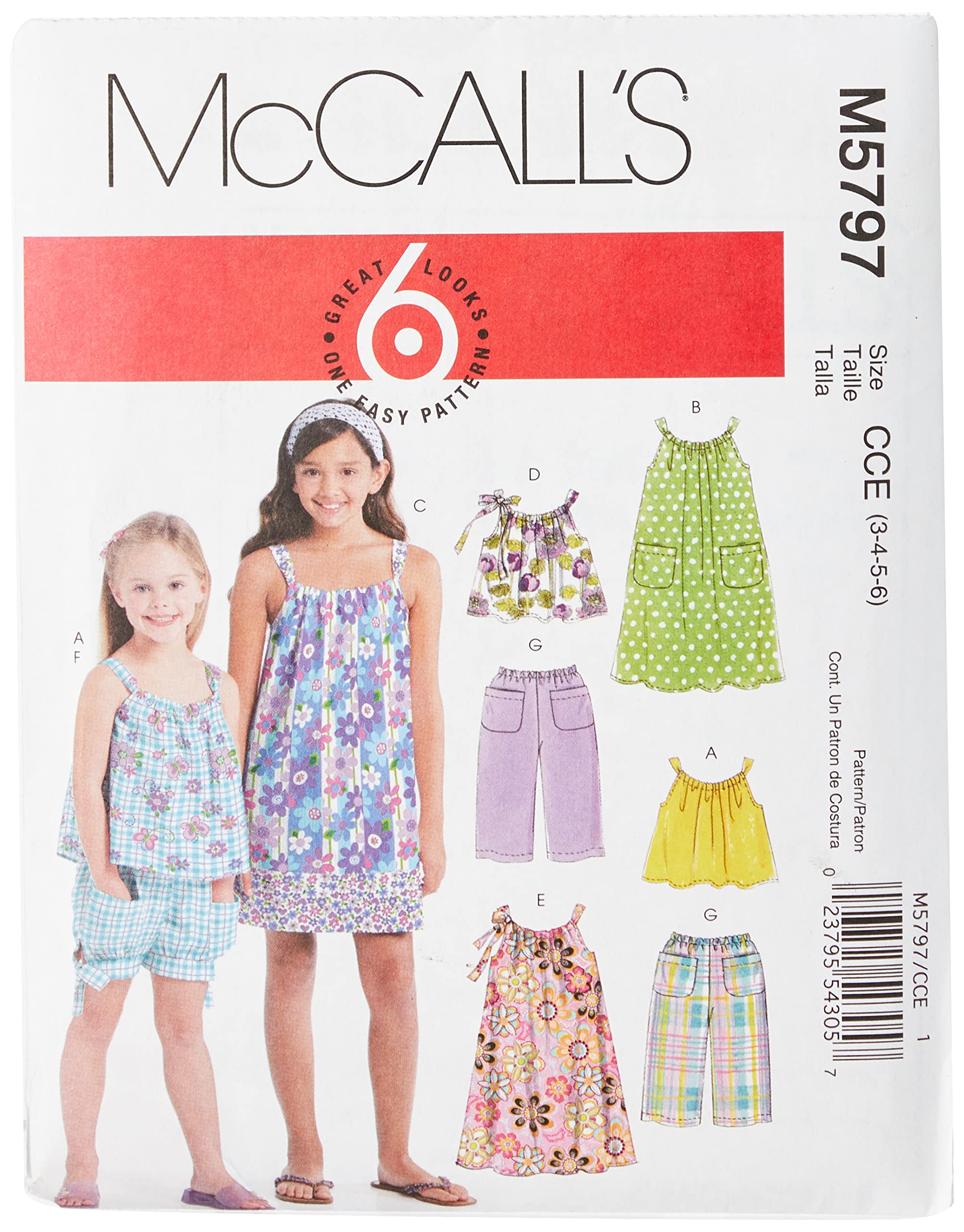 McCall's Patterns M5797 Size CCE 3-4-5-6 Children's/ Girls' Tops, Dresses, Shorts and Pants, Pack of 1, White