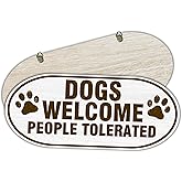 Dogs Welcome People Tolerated - 11.8"X 5" Oval Wooden Hanging Sign With Hooks, White Dog Paw Farmhouse Porch Indoor Outdoor Yard Sign, Gift For Dog Lover, Home & Office Wall Decor & Accessories - C07