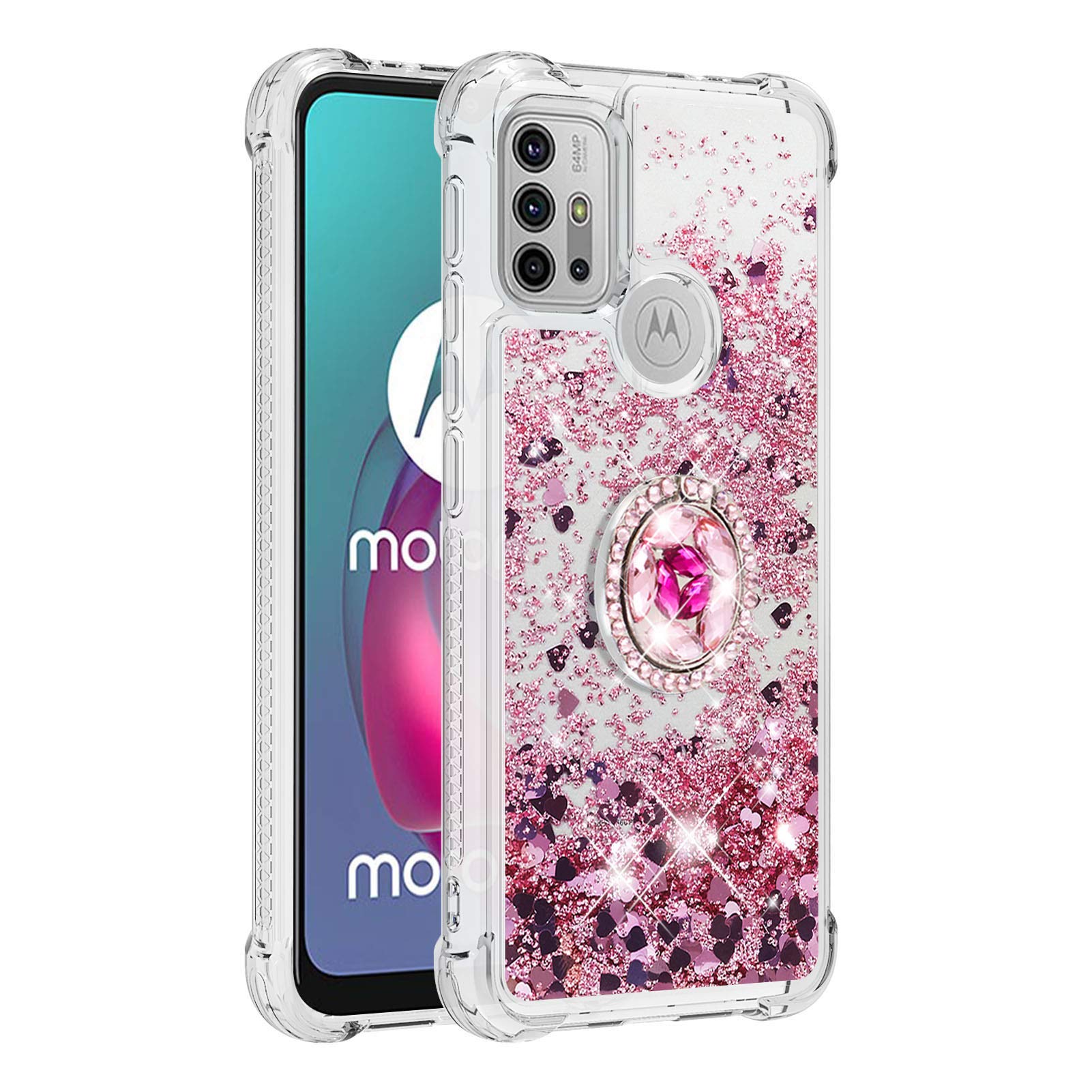 Compatible for Motorola Moto G30/Moto G10 Case with Ring Buckle Kickstand, Clear 3D Glitter Quicksand Floating Liquid Soft TPU Silicone ShockProof Protective Phone Cover for Girls Women, Rose Gold