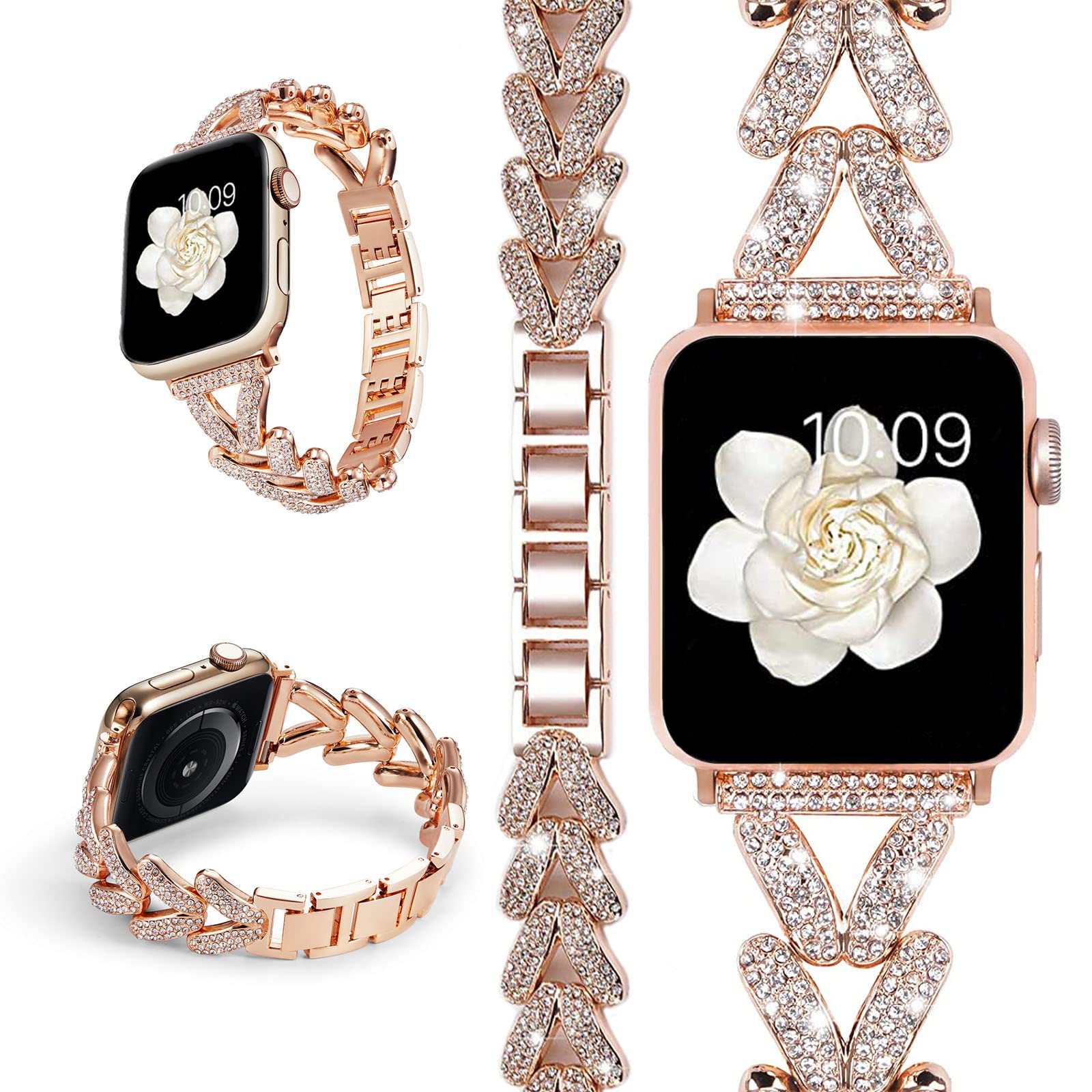 Miimall Strap Compatible with Apple Watch Series 10 9 8 7 6 5 4 3 2 1 SE, Bling Rhinestone Zinc Alloy Band Women Adjustable Replacement Bracelet Strap for iWatch 42mm/41mm/40mm/38mm, Rose Gold