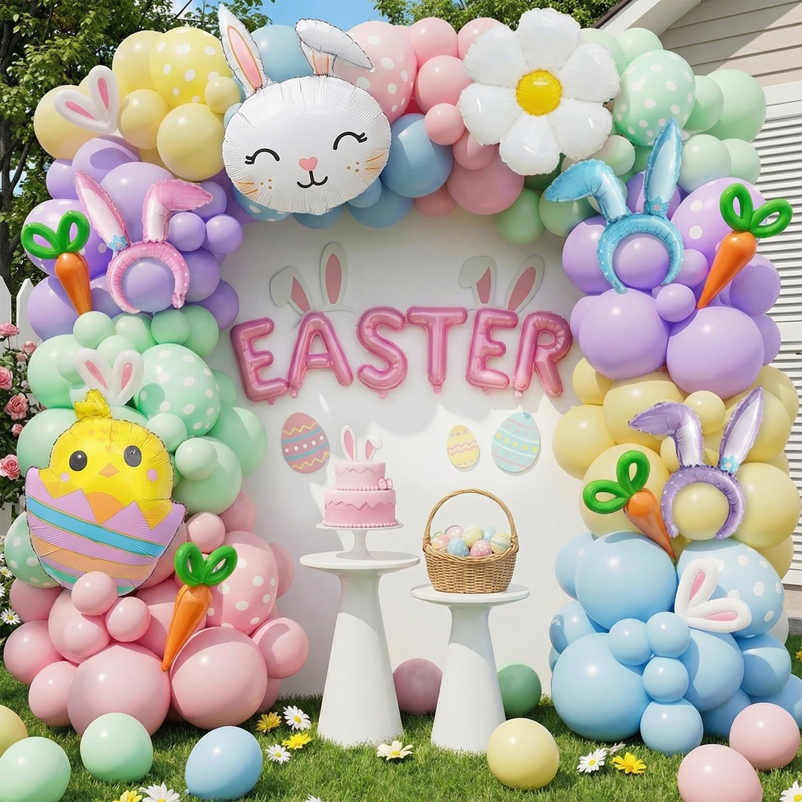161PCS Easter Balloon Arch Garland kit with Rainbow Easter Balloon Garland Kit,Bunny, Carrot & Chicken Foil Balloons, Happy Easter Color Balloons for Easter Party Decorations, Spring Birthday