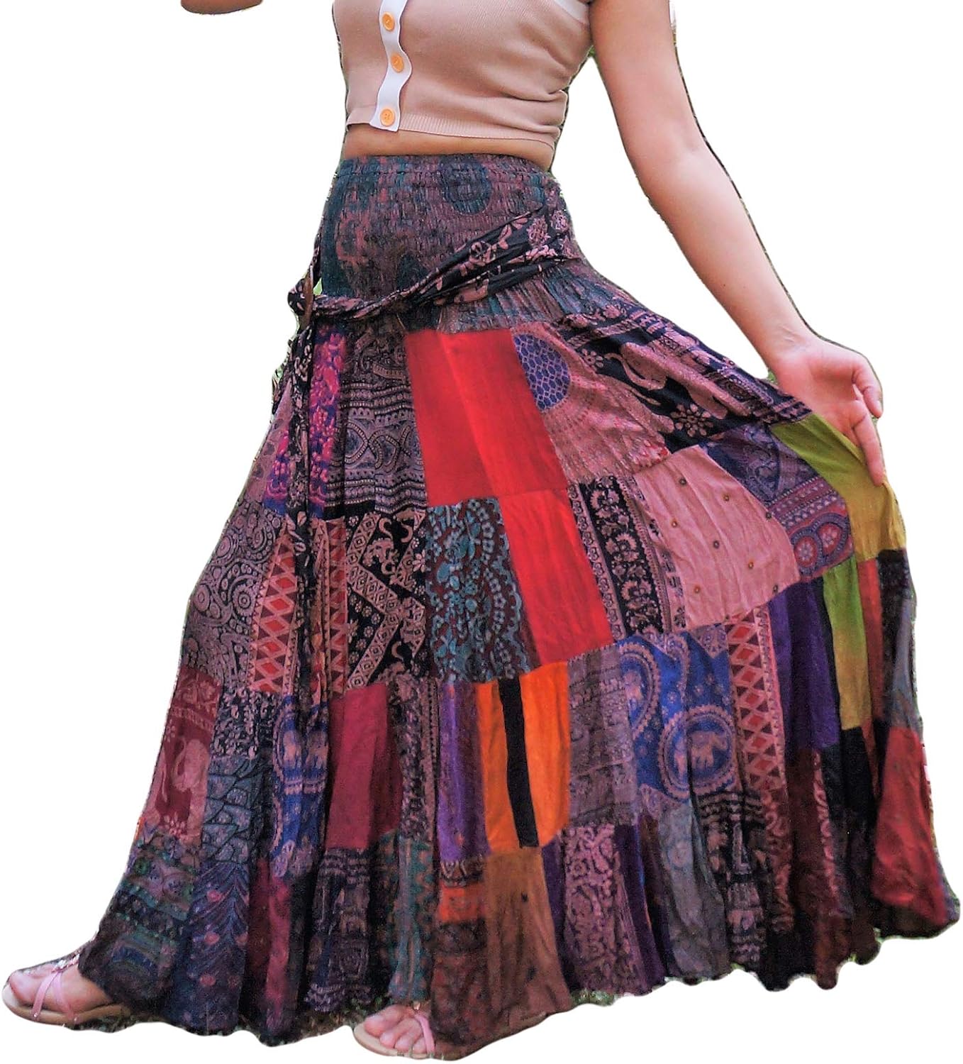 Patchwork Boho Skirt Long Unique Multi Colored Tiered Flared 100 Silky
