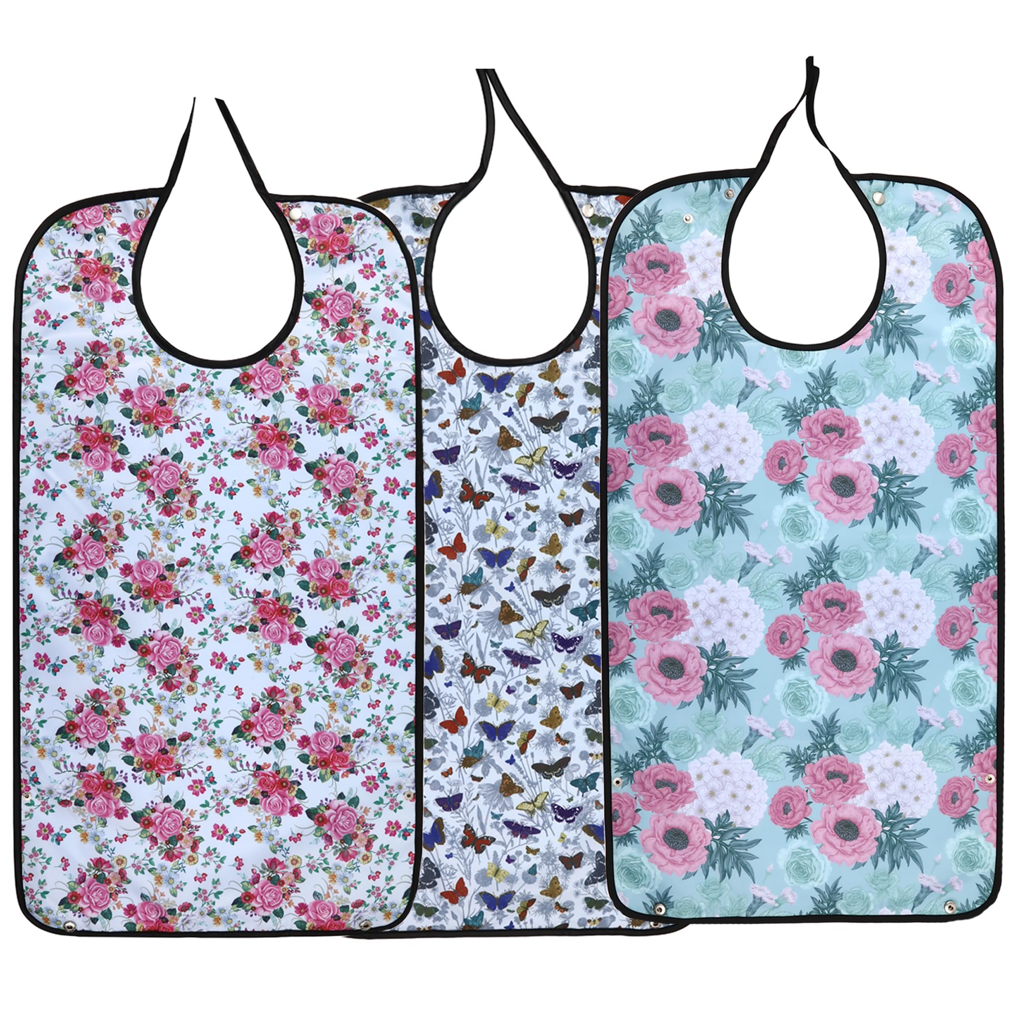 YELAIYEHAO Adult Bib for Eating Washable Reusable Waterproof Clothing Protector with Optional Crumb Catcher34 x 18" Women (butterfly +green+white, 3 PACK)