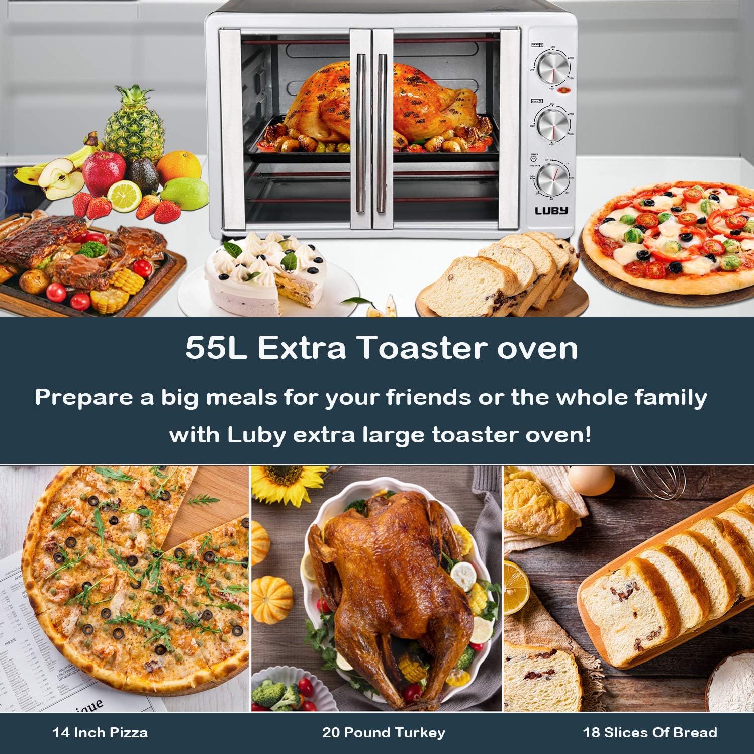 Luby Large Toaster Oven Countertop French Door Designed, 18 Slices, 14'' pizza, 20lb Turkey, Silver: Kitchen & Dining